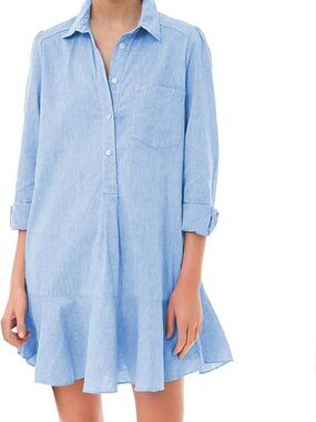 Tunic Mini Shirt Dresses for Women Button Up Long Sleeve Dress Chambray size L